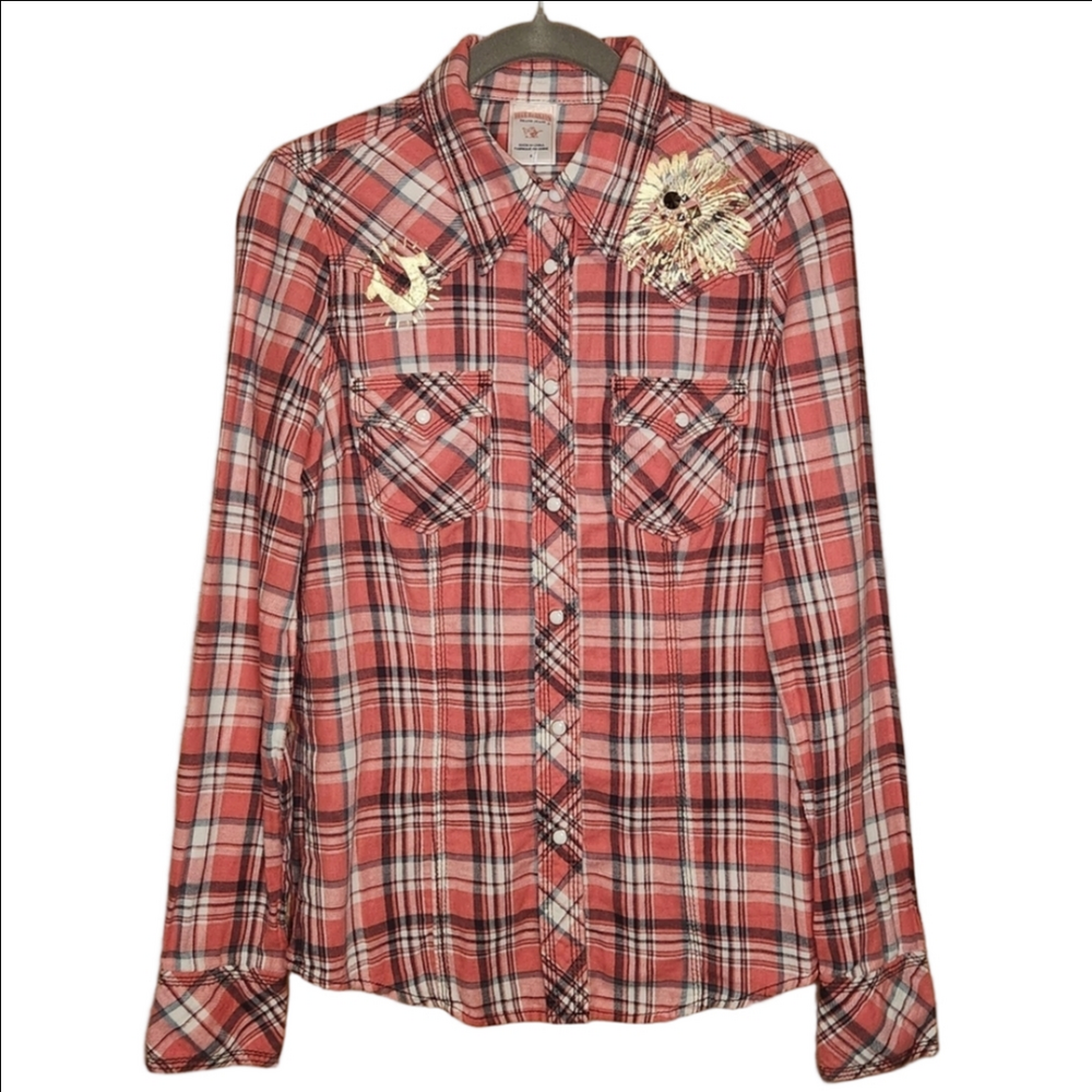 TRUE RELIGION WESTERN FLANNEL STUDDED PEARL SNAP BUTTON SHIRT PLAID SMALL S EUC